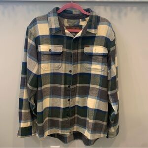 Orvis Jacket Shacket Lg Heavy Green Beige Plaid Flannel With Side Pockets